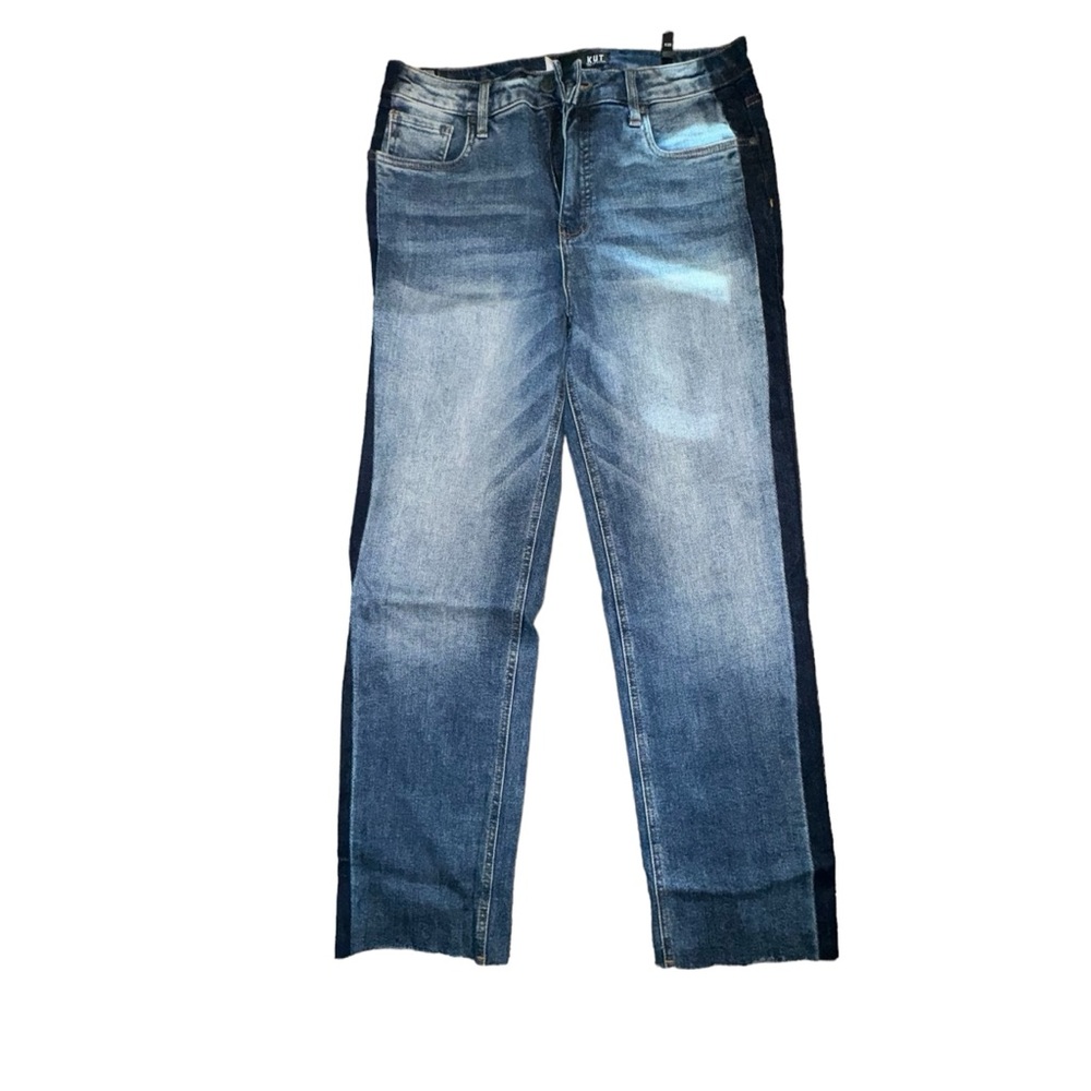 Kut from the Kloth Two-Tone Frayed Hem Jeans - Medium Blue/Dark Blue - Size 8L